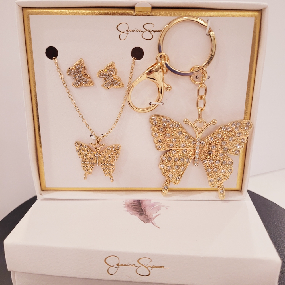 Jessica Simpson Gold Butterfly Necklace, Earrings & Keychain Set